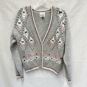 Koret cottagecore gray knit pom pom semi cropped‎ cardigan sweater Size Petite